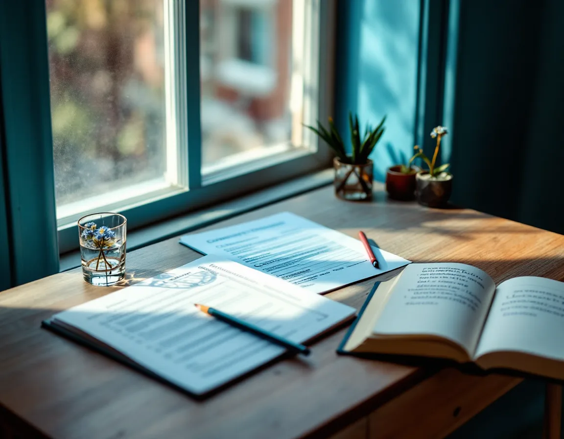 A desk by a tall window with a marked-up consent form and a single blue flower in a glass