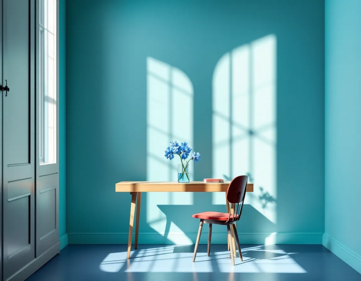 Sunlight from an arched window falling across a bare desk with a single blue flower in a glass