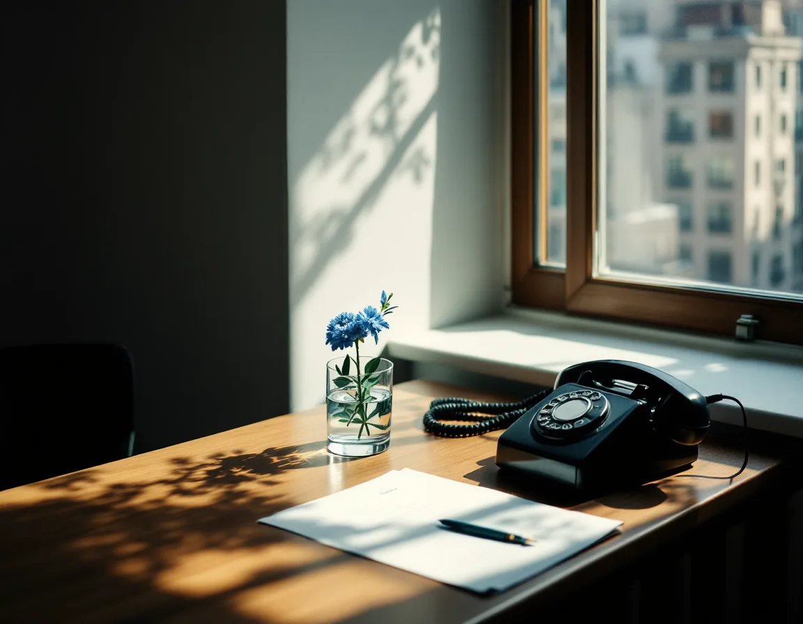A desk by a sunlit window with a telephone, a marked-up consent form and a blue flower in a glass