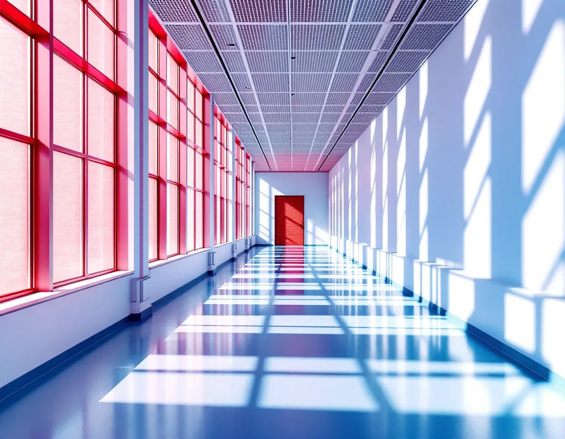 A symmetrical corridor with diagonal sunlight and a red door at the far end